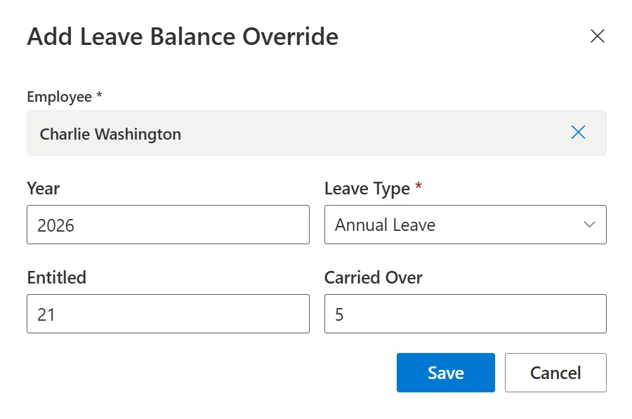 SteadyPoint HRIS leave balance override form with employee, year, and entitled days fields