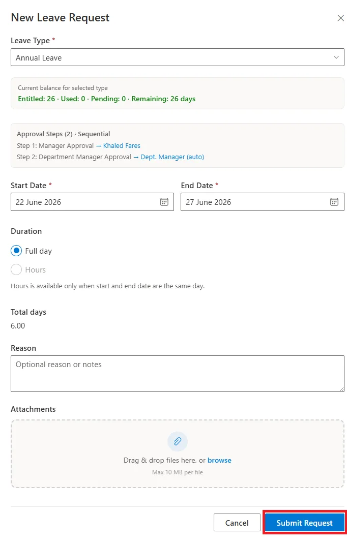 SteadyPoint HRIS new leave request form with dates, duration, and reason fields