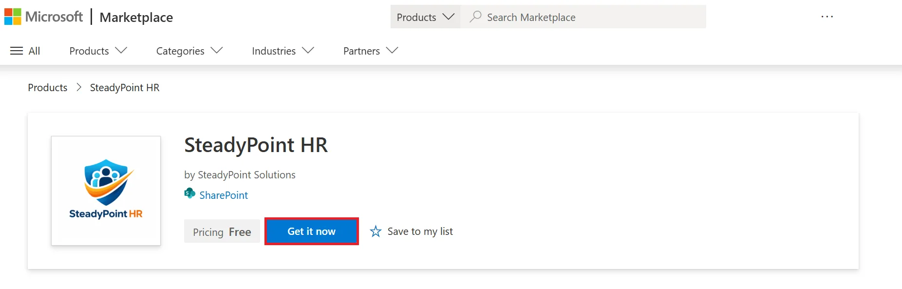 SteadyPoint HR listing on Microsoft AppSource with Get it now button