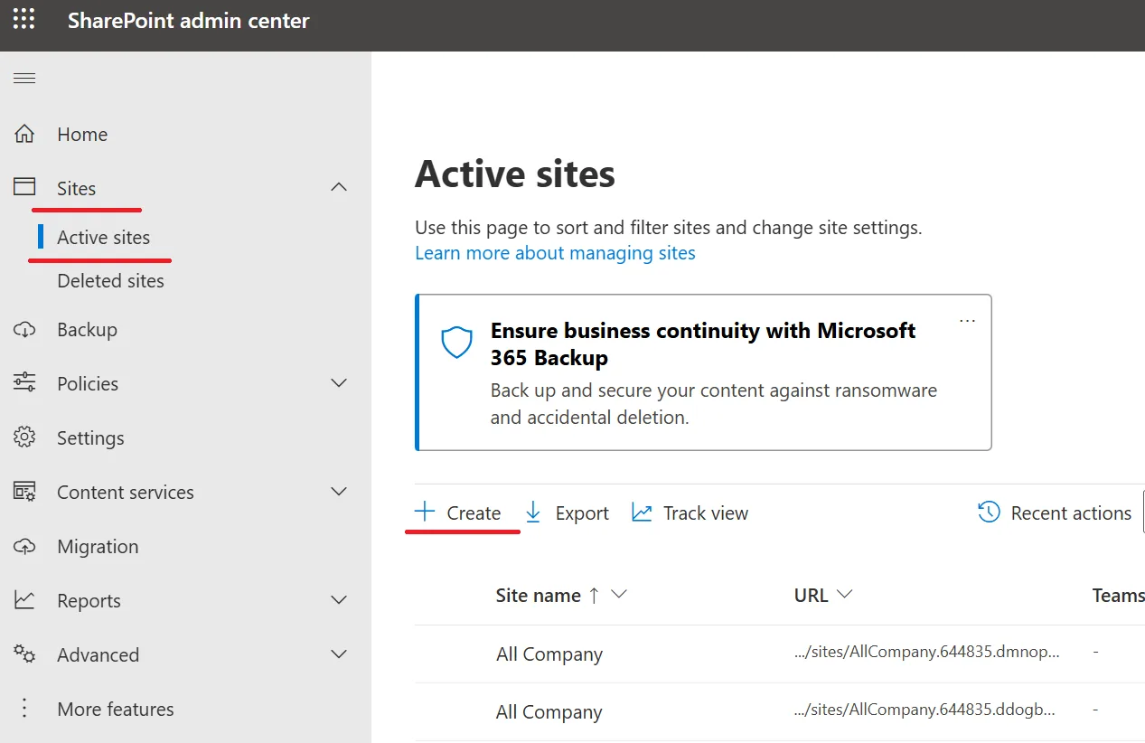 SharePoint Admin Center Active Sites page with Create button