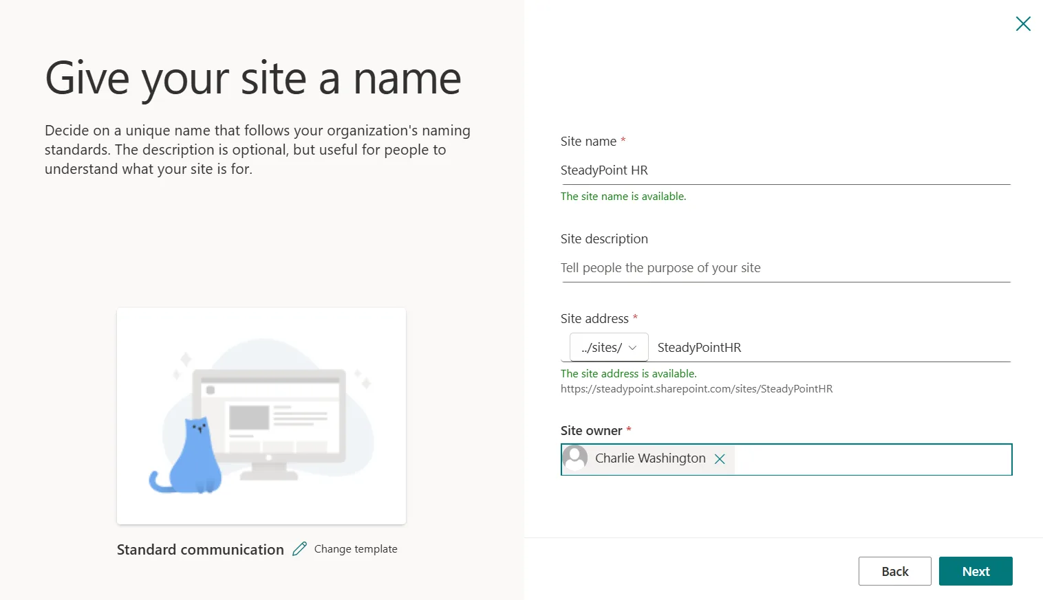 SharePoint create site dialog with site name field