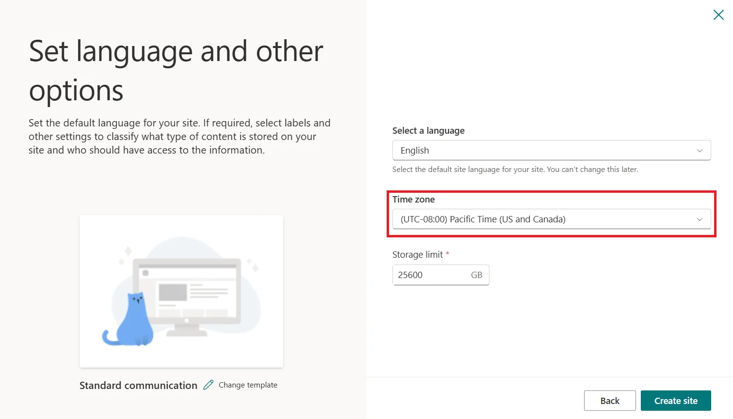 SharePoint create site dialog showing time zone selection