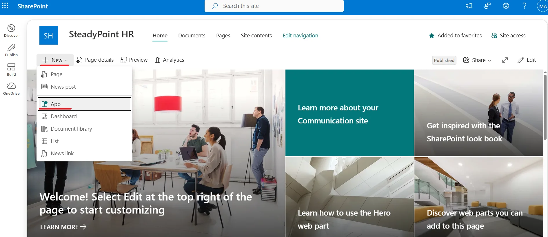 SharePoint site contents with New App option