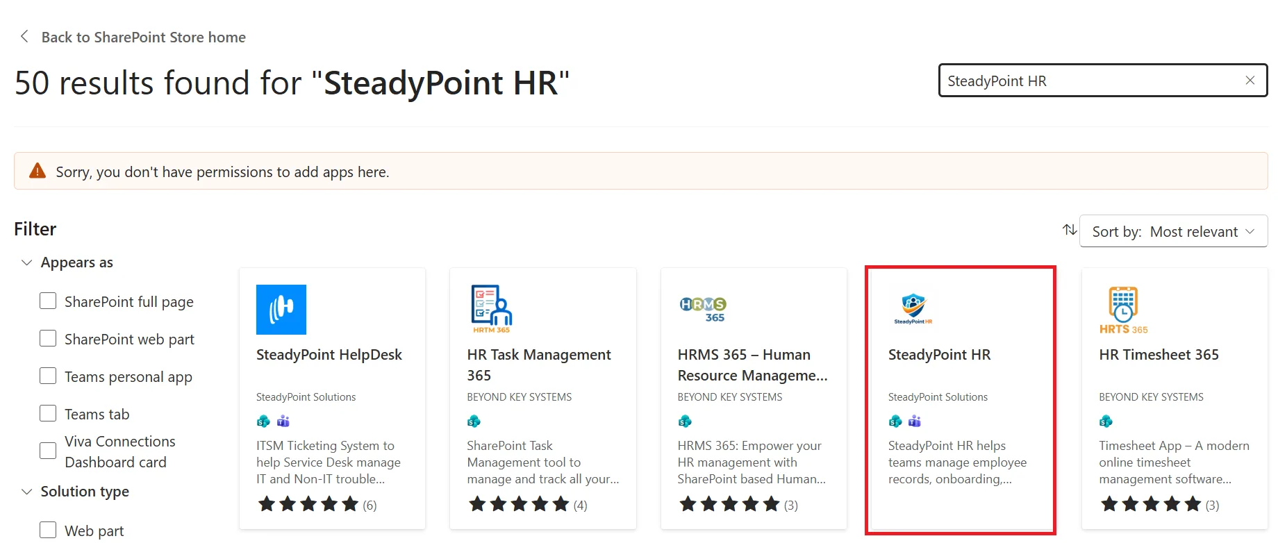 SteadyPoint HR app listing in the SharePoint Store
