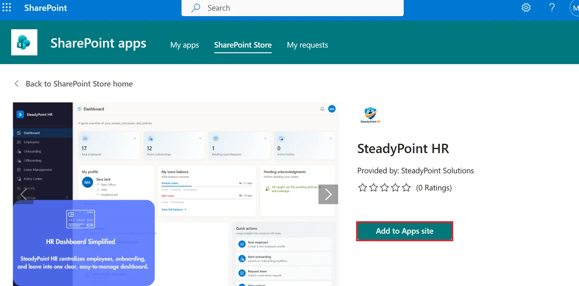 SteadyPoint HR AppSource page with Add to Apps Site button