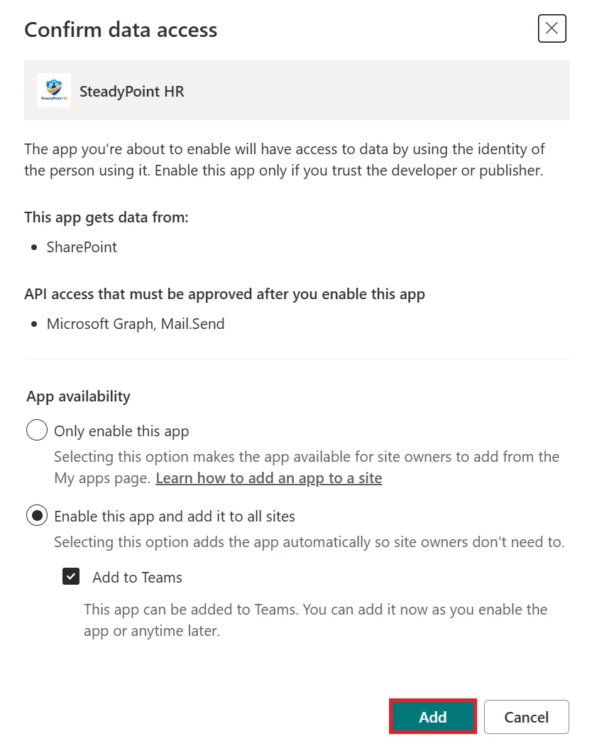 Confirmation dialog to add SteadyPoint HR to the Apps site