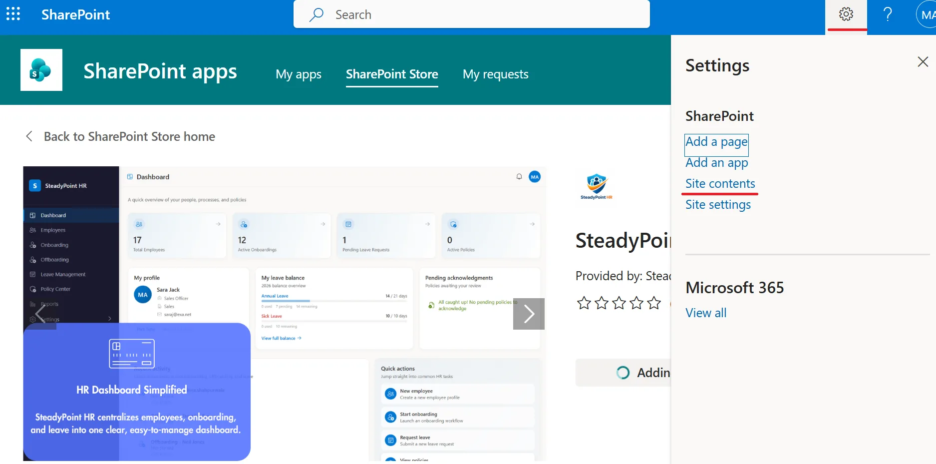 SharePoint settings menu with Site contents option