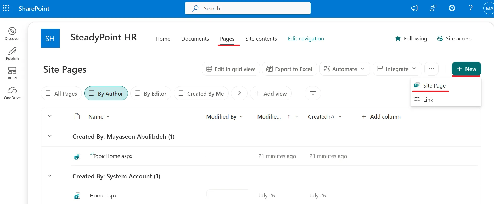 SharePoint Site Pages library with New Site Page option
