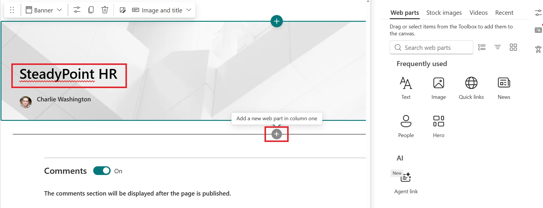 New SharePoint site page named SteadyPoint HR with add web part control