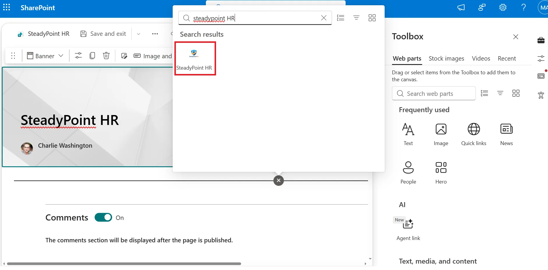SharePoint web part picker showing SteadyPoint HR