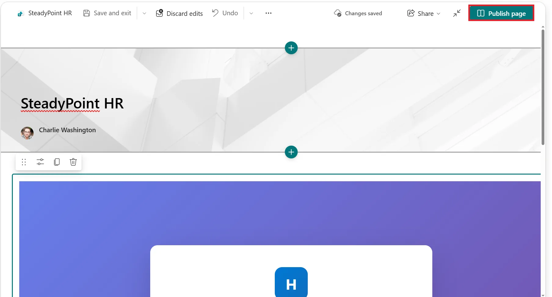 SharePoint page editor with Publish button for SteadyPoint HR