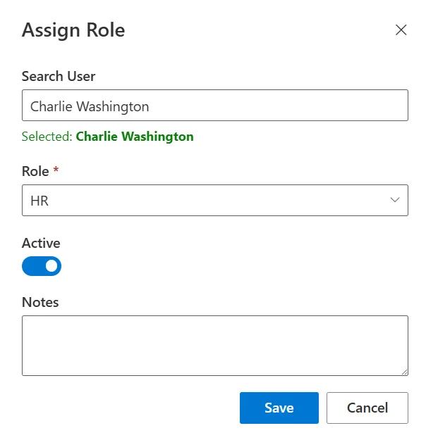 SteadyPoint HRIS Assign Role form to search for a user and select Admin or HR role