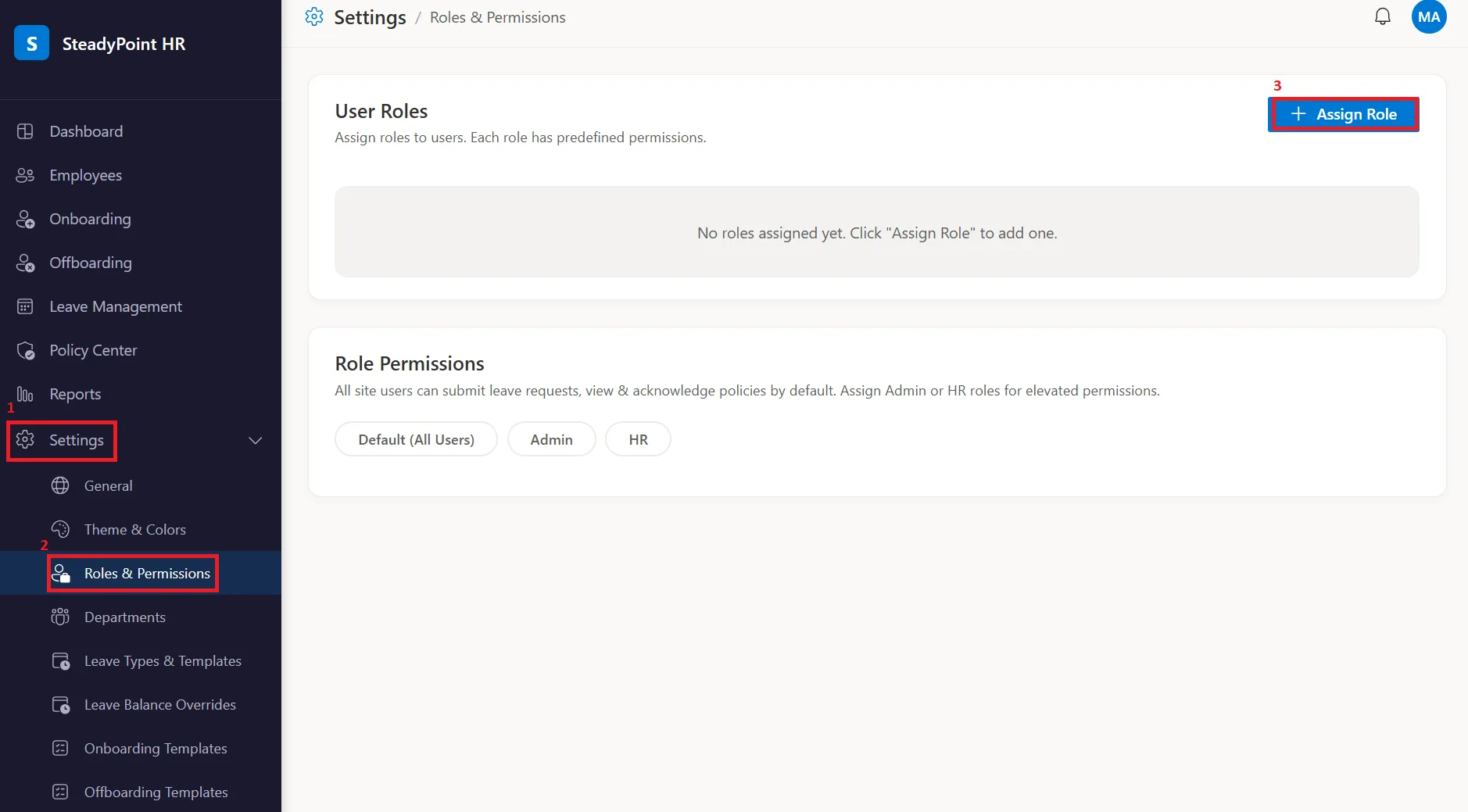 SteadyPoint HRIS Roles and Permissions settings screen with Assign Role button