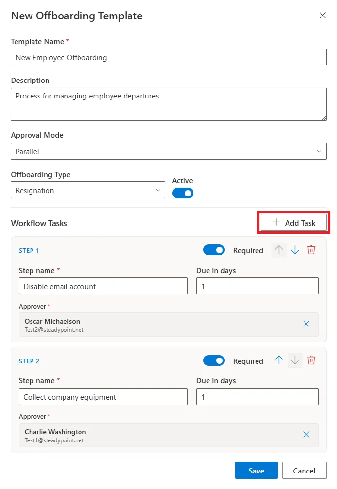 SteadyPoint HRIS Add Task form for offboarding template with name, duration, and approver