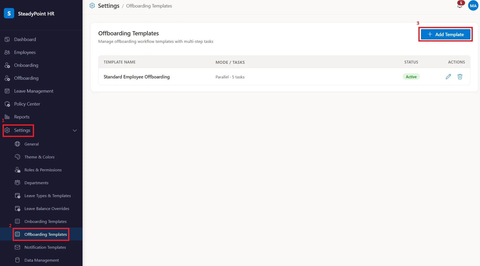 SteadyPoint HRIS Offboarding Templates screen with Add Template button