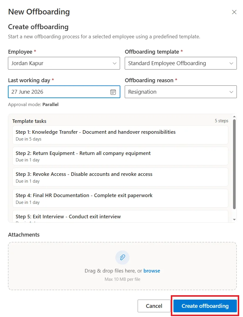 SteadyPoint HRIS Create Offboarding form with employee, template, and last working day fields