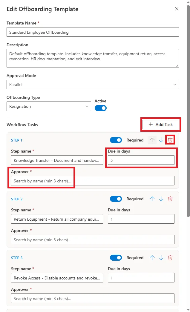SteadyPoint HRIS offboarding template editor for adding, deleting, and updating tasks