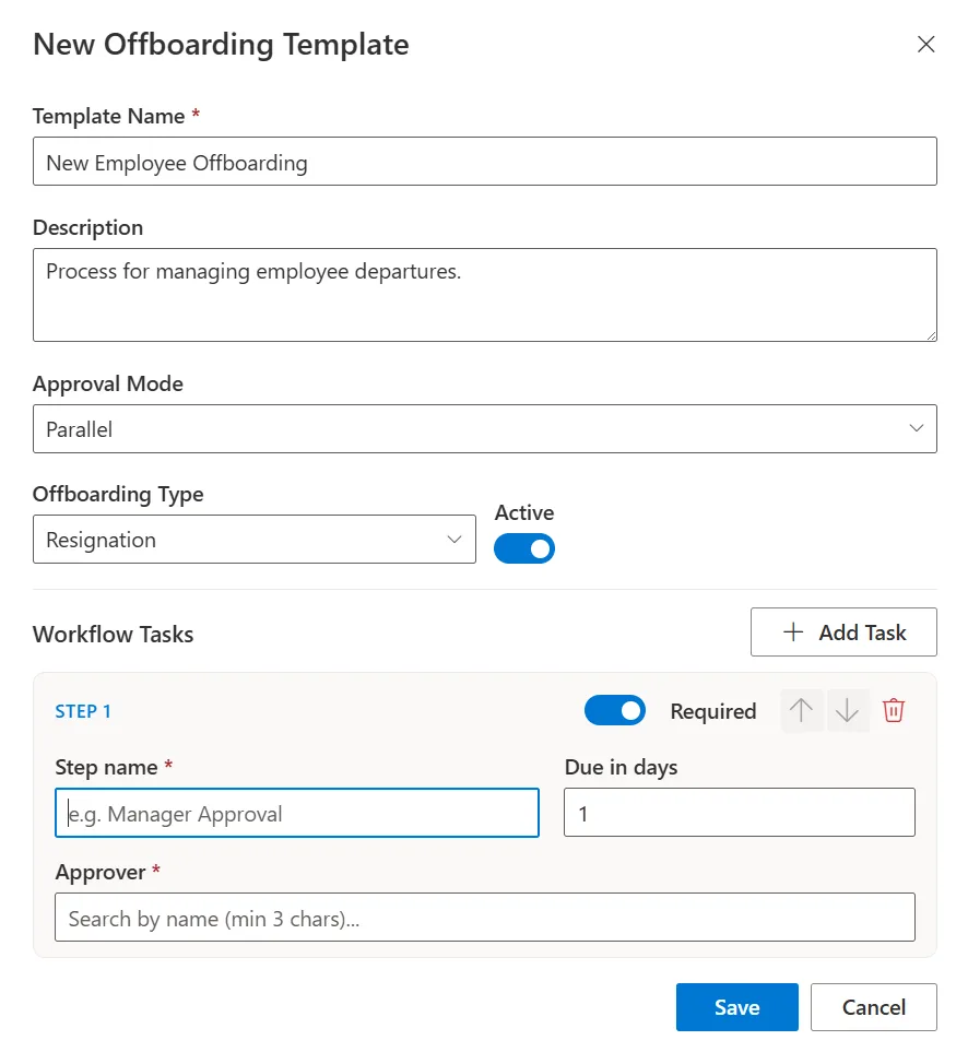 SteadyPoint HRIS new offboarding template form with name, description, and approval mode