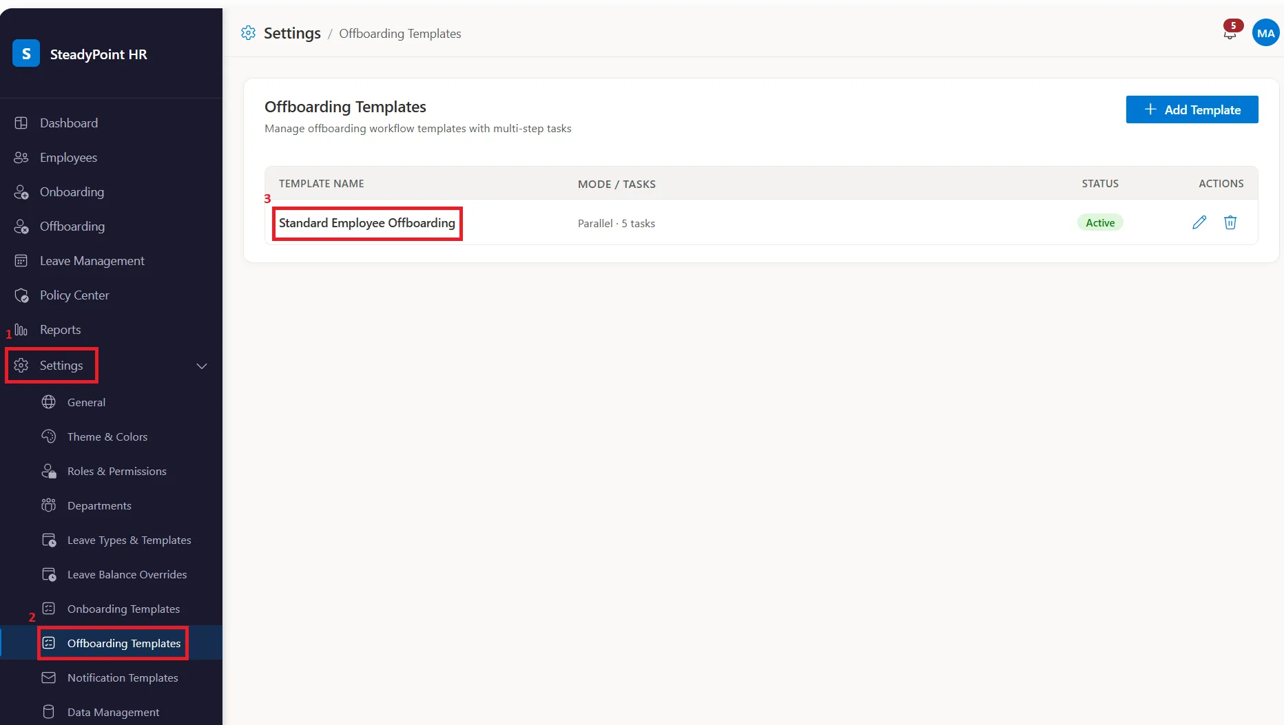SteadyPoint HRIS settings showing the Standard Employee Offboarding template