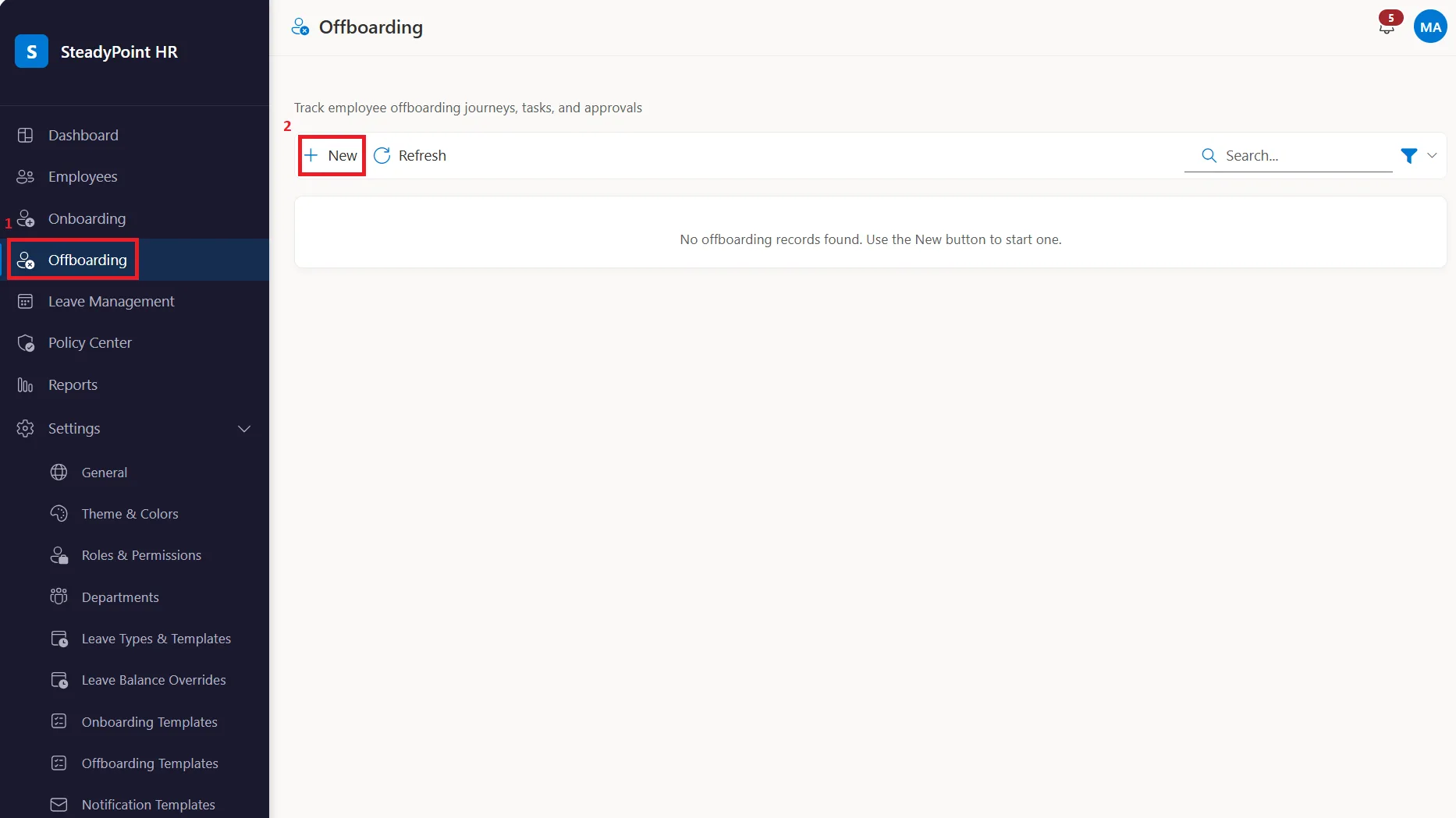 SteadyPoint HRIS Offboarding screen with New button to start employee offboarding