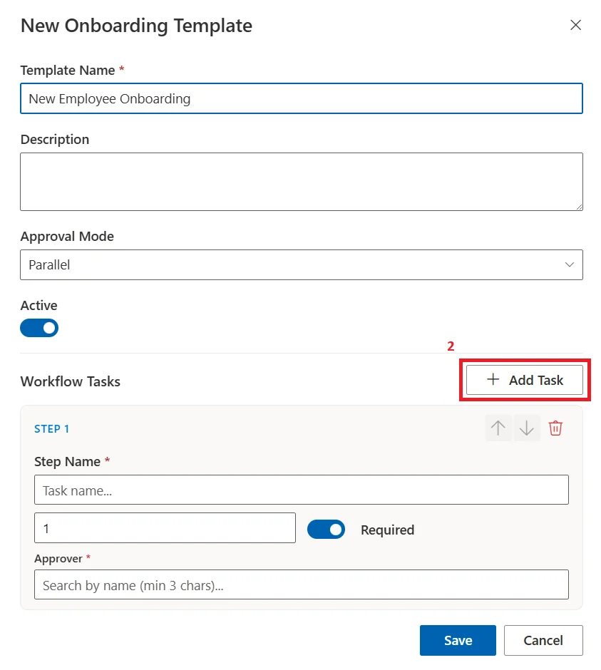 SteadyPoint HRIS onboarding template editor with Add Task button