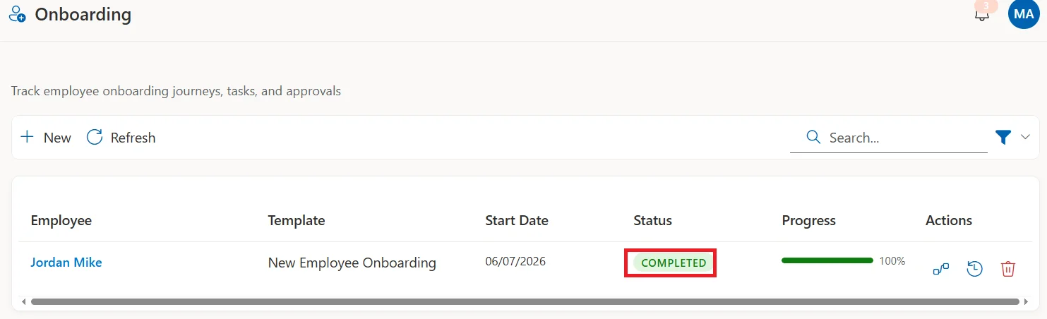 SteadyPoint HRIS onboarding record showing completed tasks and onboarding status