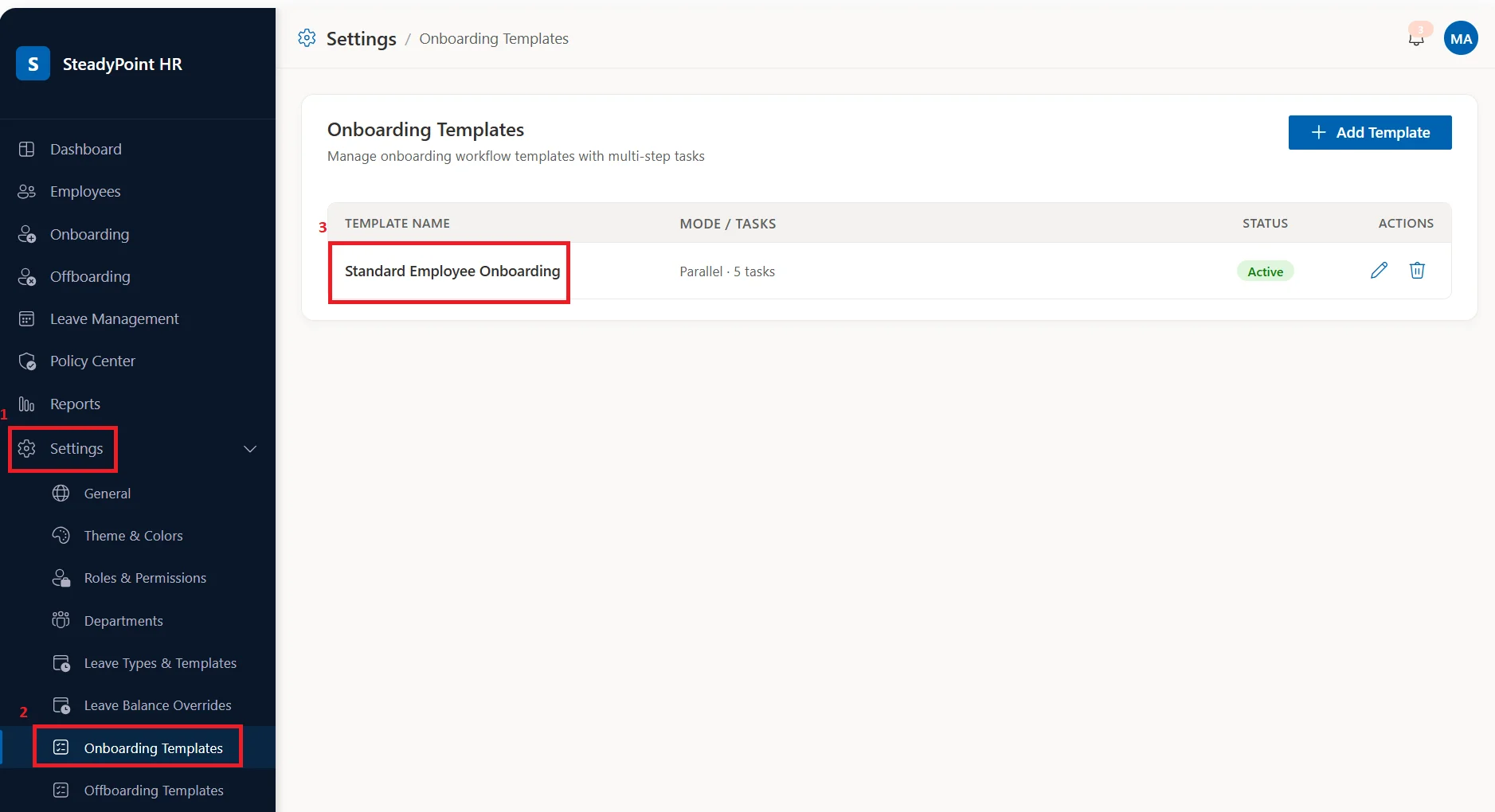 SteadyPoint HRIS settings showing the Standard Employee Onboarding Template