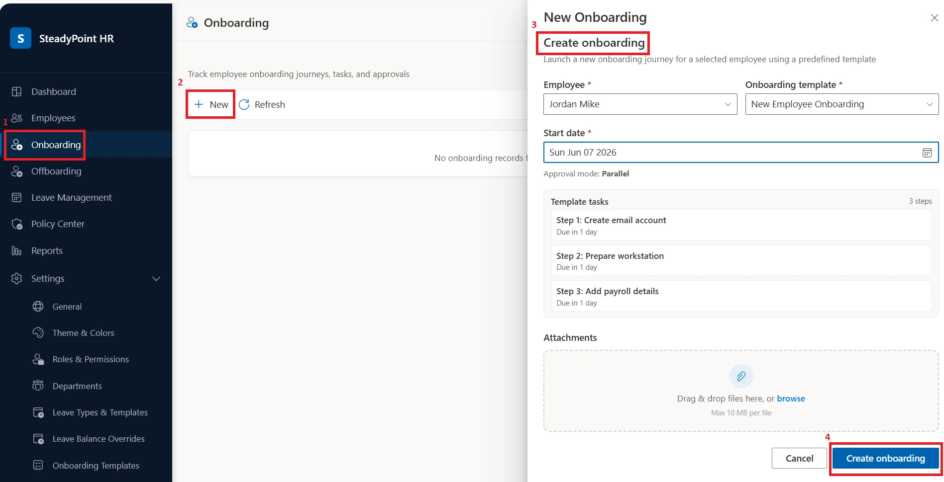 SteadyPoint HRIS onboarding screen with New button to start onboarding for an employee