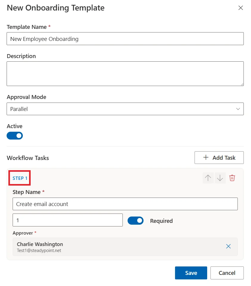SteadyPoint HRIS task form with name, days to complete, required flag, and approver assignment