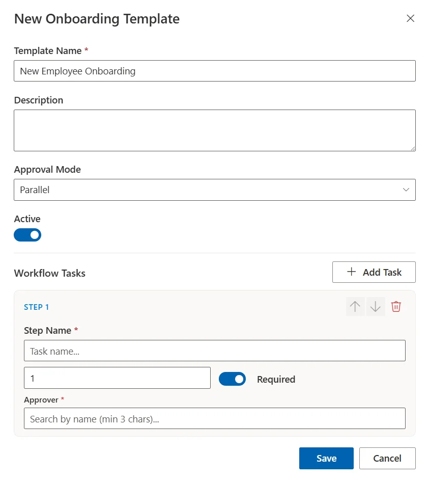 SteadyPoint HRIS form for creating a new onboarding template with name, description, and approval mode