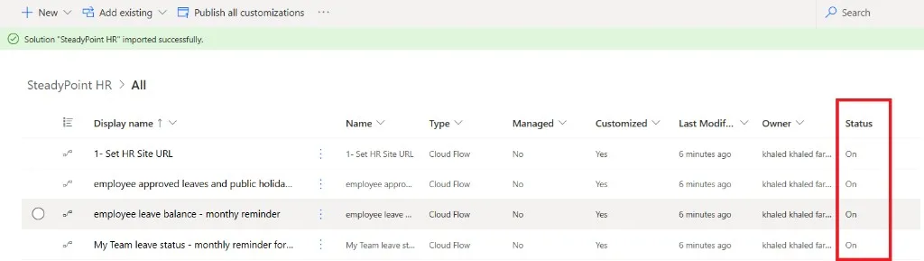 SteadyPoint HR solution flows with Status column set to On