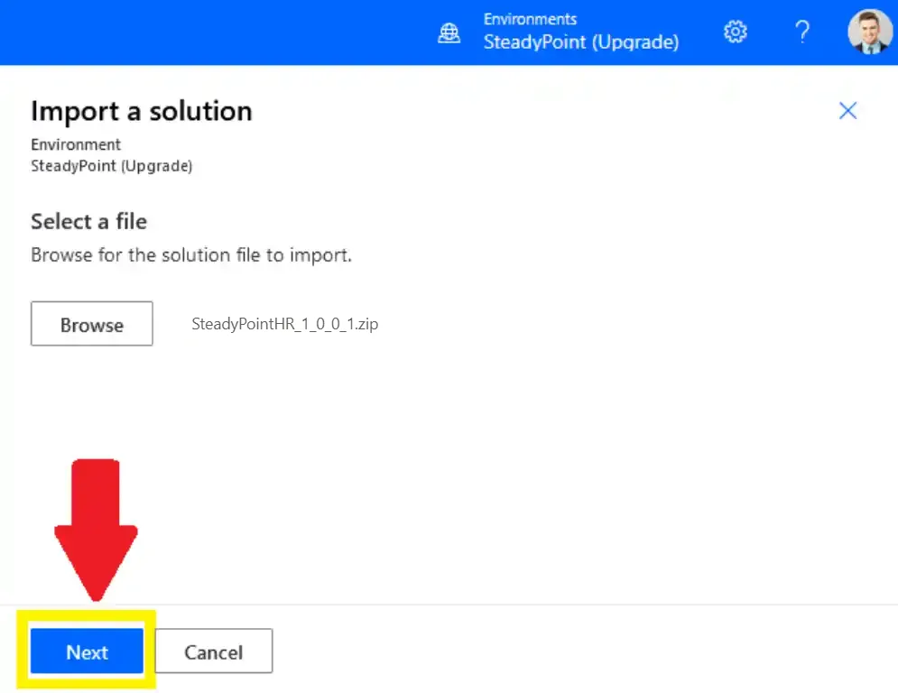 Import a solution dialog with SteadyPointHR_1_0_0_1.zip selected and Next highlighted