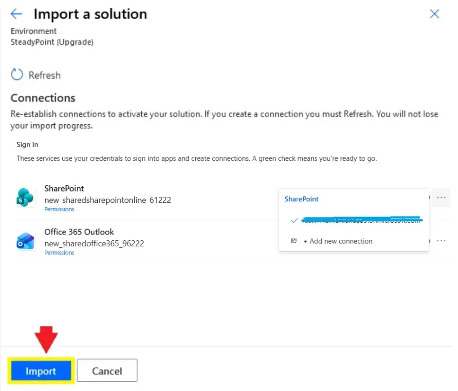Import a solution connections screen with Import highlighted