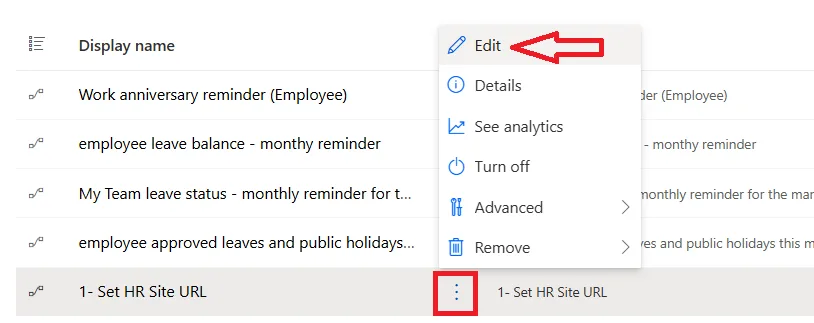 Edit menu open on the 1- Set HR Site URL flow