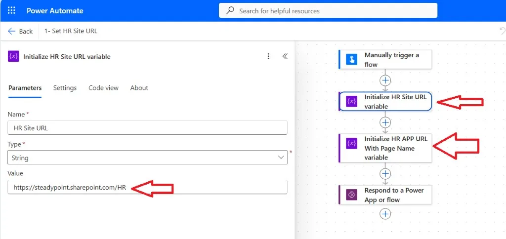 1- Set HR Site URL flow showing HR Site URL and HR app page URL variables