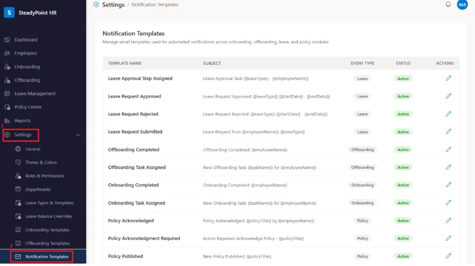 SteadyPoint HRIS Notification Templates list under Settings