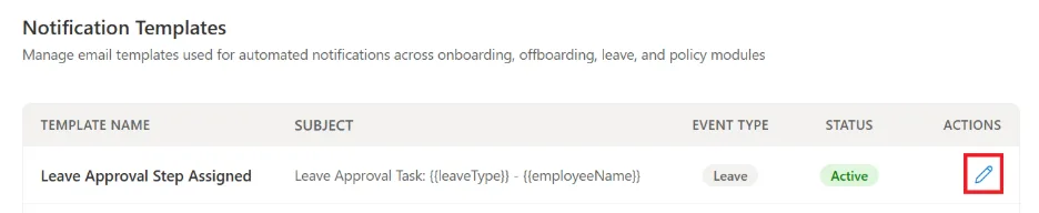 SteadyPoint HRIS Notification Templates list with Edit icon highlighted