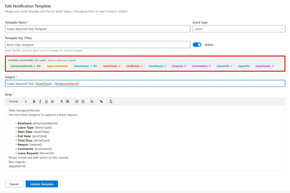 SteadyPoint HRIS email template editor with placeholder list for subject and body