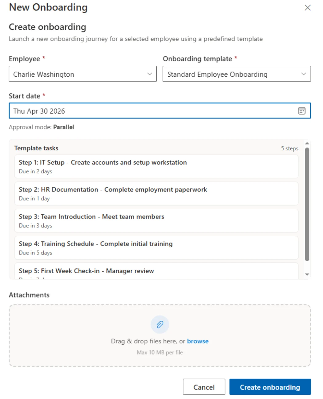 SteadyPoint HR onboarding dashboard showing tasks, activities, and progress for new hires