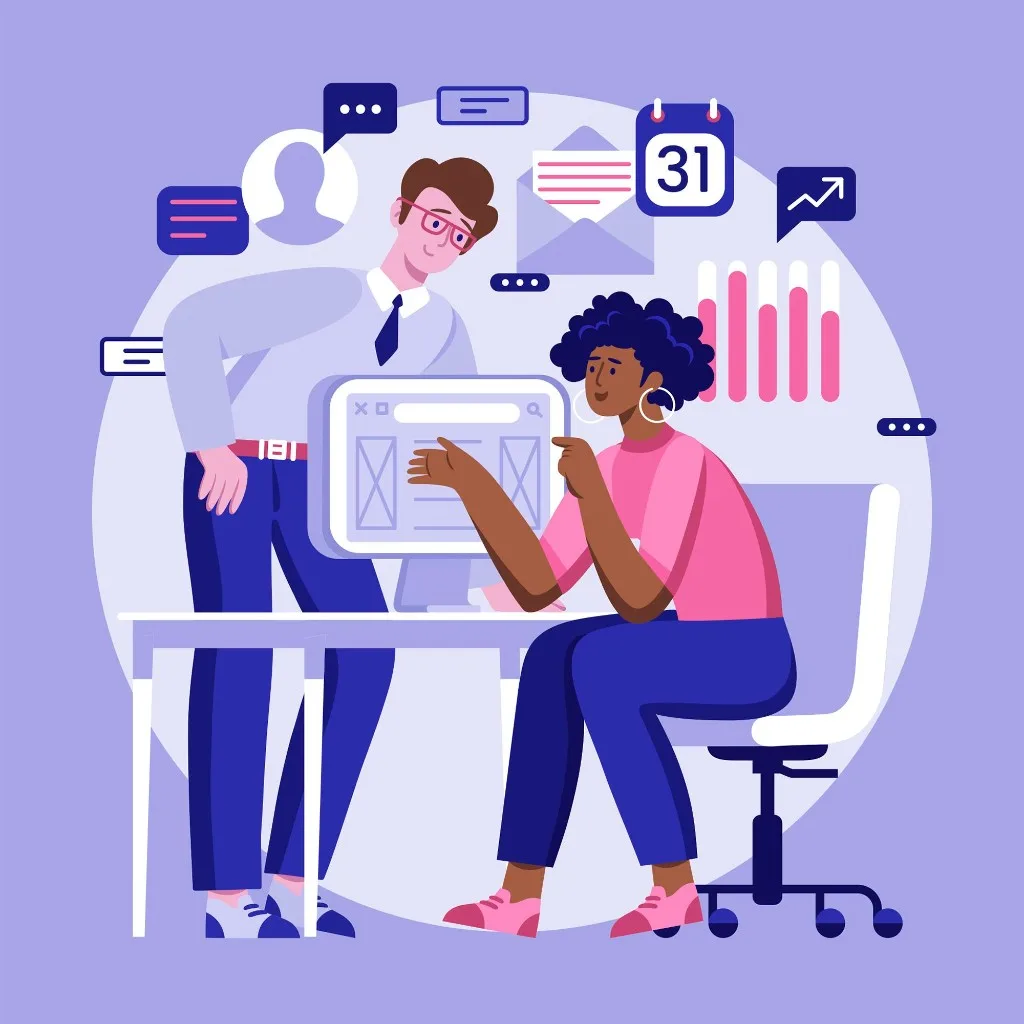 HR professionals collaborating at a desk with HRIS dashboards, scheduling, and employee data icons