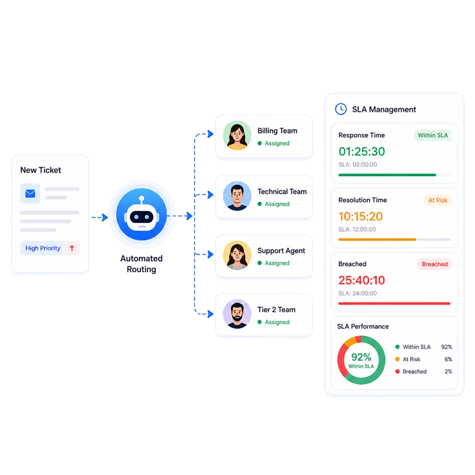 Automated ticket routing to support teams with real-time SLA tracking