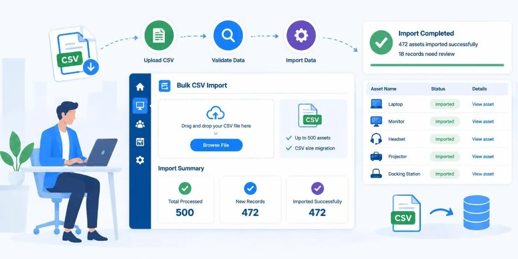 Bulk CSV import workflow for migrating assets into SteadyPoint Assets.