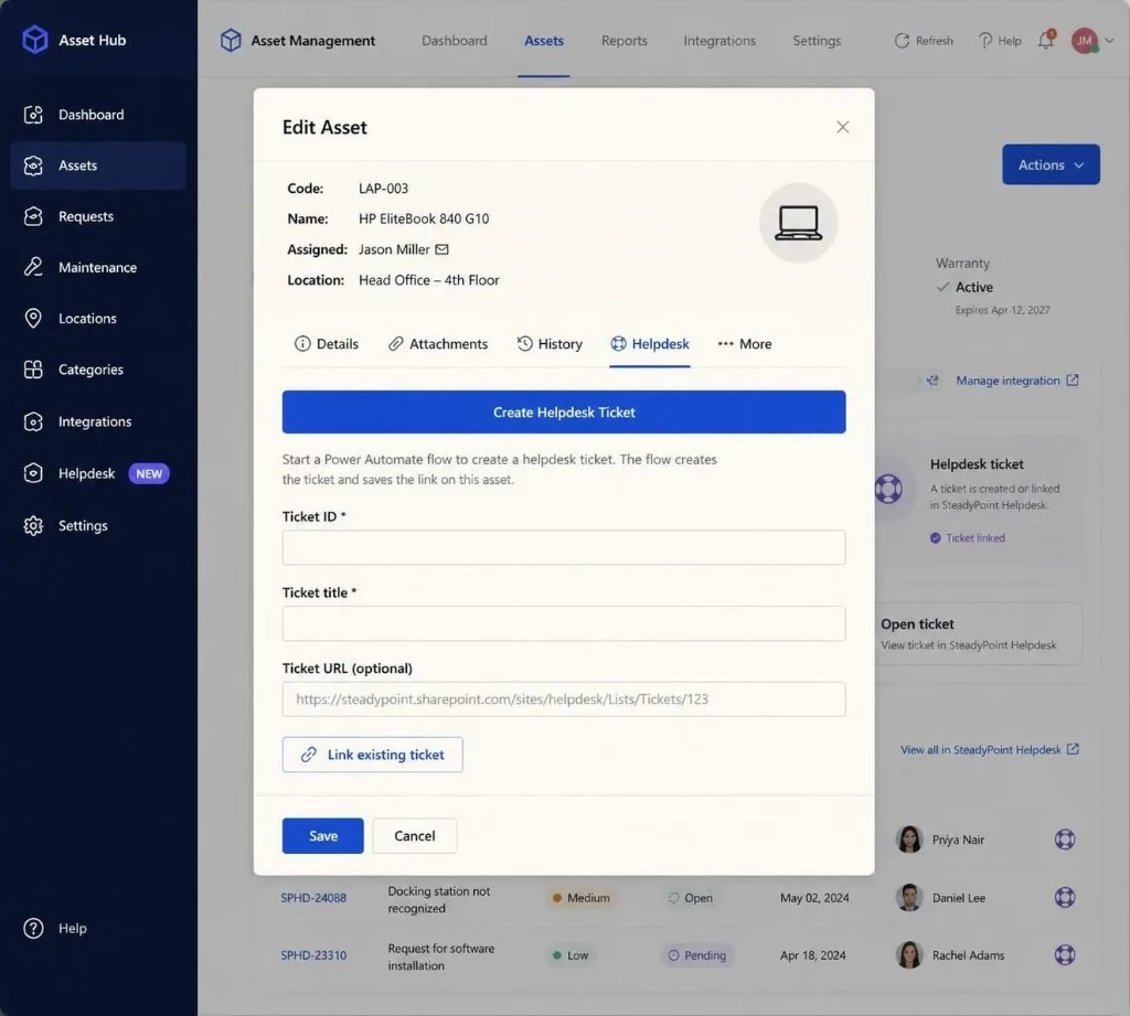 Create or link Helpdesk tickets from an asset record in SteadyPoint Assets.