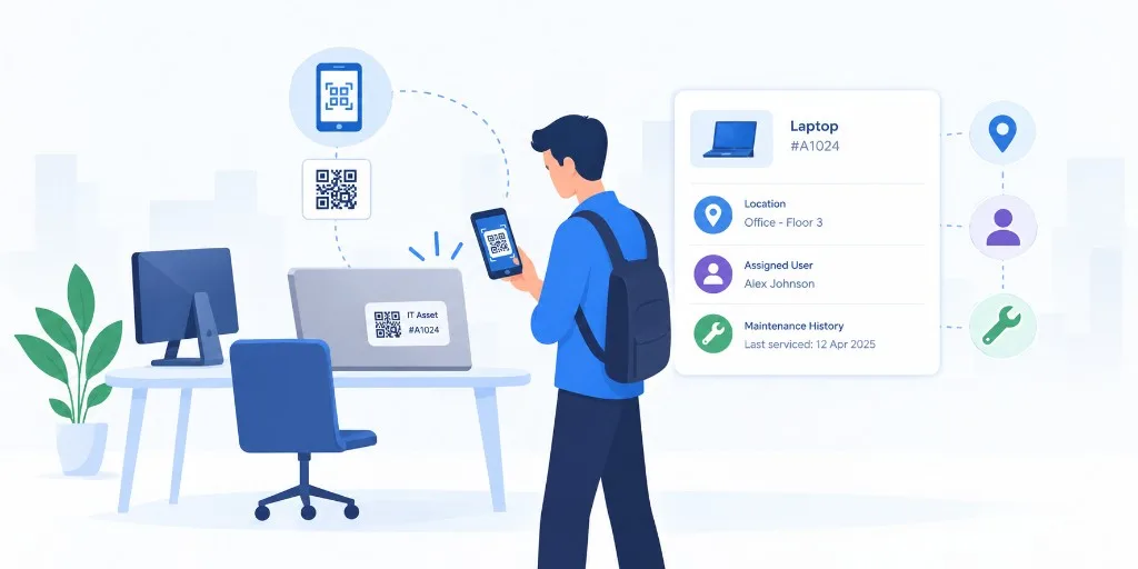 Mobile QR code scanning to view asset location, assigned user, and maintenance history.