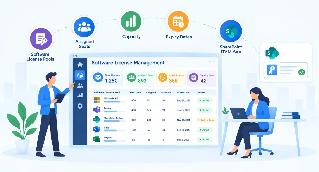 Software license pools with assigned seats, capacity, and expiry dates in SteadyPoint Assets.