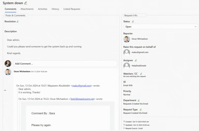SteadyPoint Helpdesk screen showing step-by-step guide to managing email-to-ticket communication.