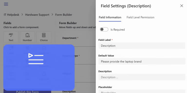 Form editor view showing how to configure default ticket values for subject and description fields.
