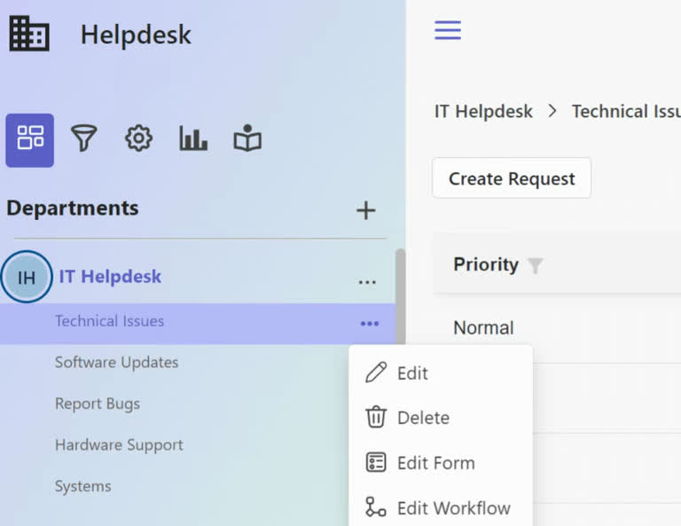 Animation showing how to open Edit Workflow from a request type.