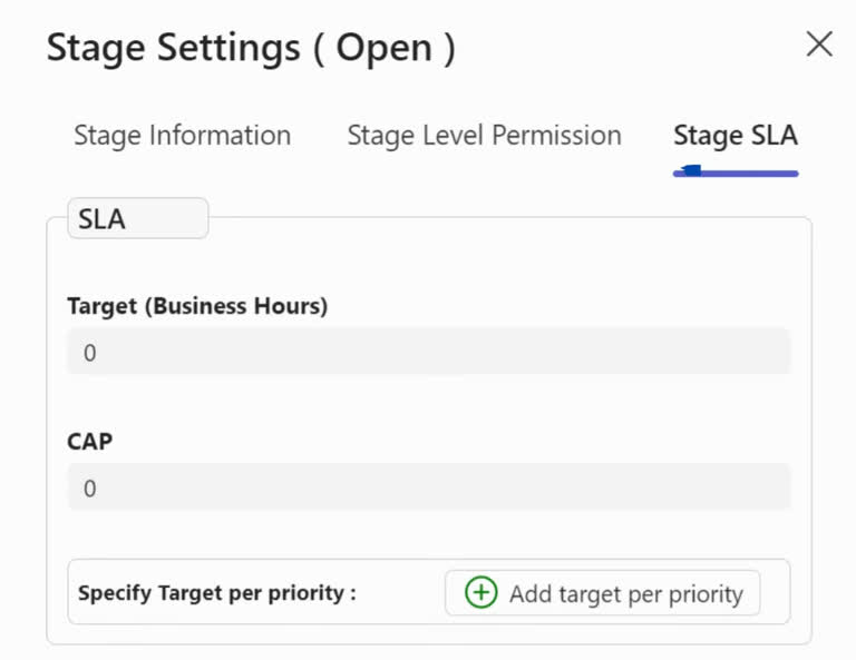 Animation showing the Stage SLA tab selection in workflow settings.