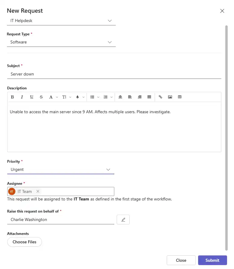 SteadyPoint Helpdesk screen showing ticket details before submit.
